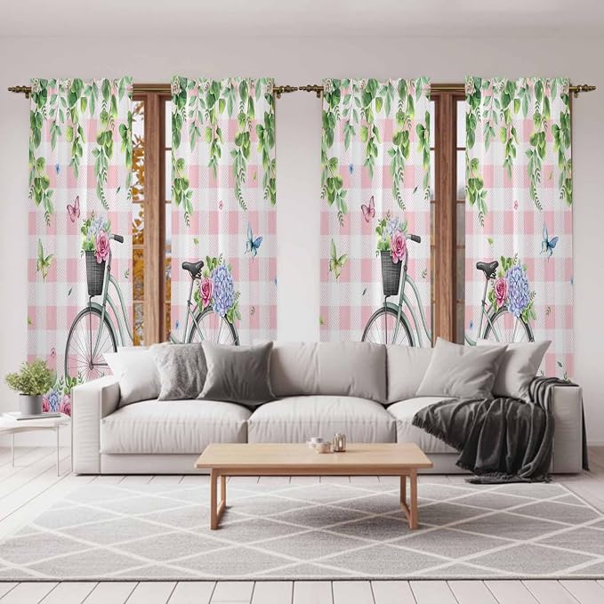 Spring Kitchen Curtains, Bicycles Leaves Butterfly Flowers Pink Buffalo Plaid - Image 7