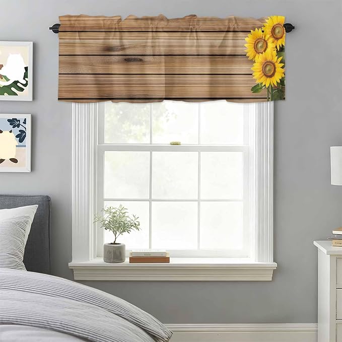 Kitchen Valances for Window, Farm Sunflower on Vintage Wood Grain Light - Image 2