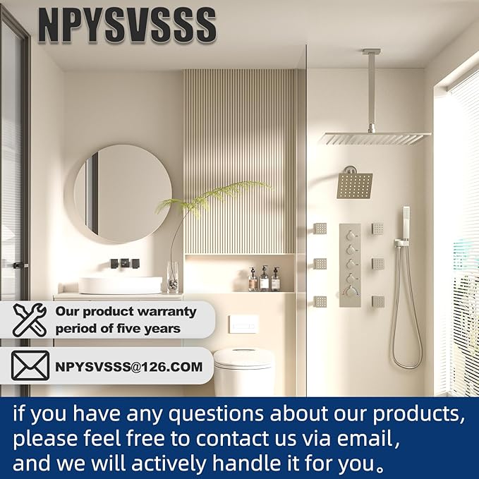 Thermostatic Shower System Dual Shower Heads with 16" Ceiling Mounted Rain Shower Head & 6" Wall Mounted Head 4 Function Shower System with body jets Can All Run Together, Brushed Nickel