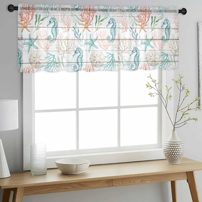 Teal Seahorse Starfish Sheer Valance Curtains, Summer Beach Coral Shell Board - Image 3