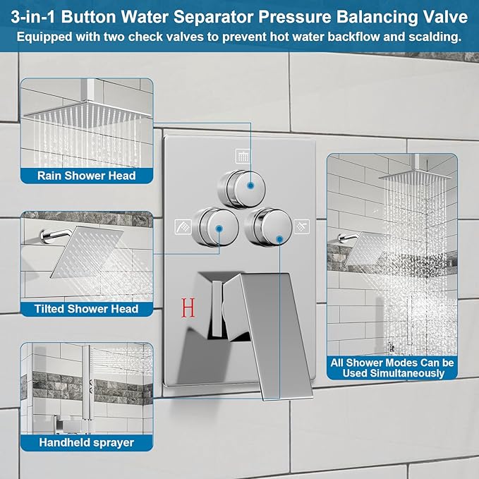 Shower Faucet Set Polished Chrome Shower System, Ceiling Mount 12 Inch Shower Head With Wall Mount 6 Inch Shower Head and 2 in 1 Handheld Spray, Push Button Diverter Shower Valve Trim Kit