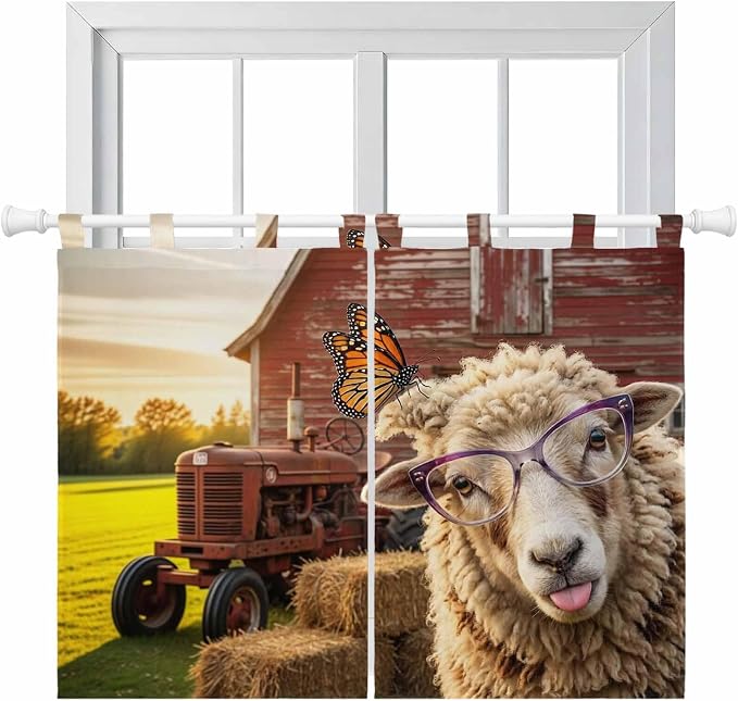 Farm Sheep Kitchen Curtains 45 Inch Length, Short Cafe Window Curtains Tab Top by Unknown
