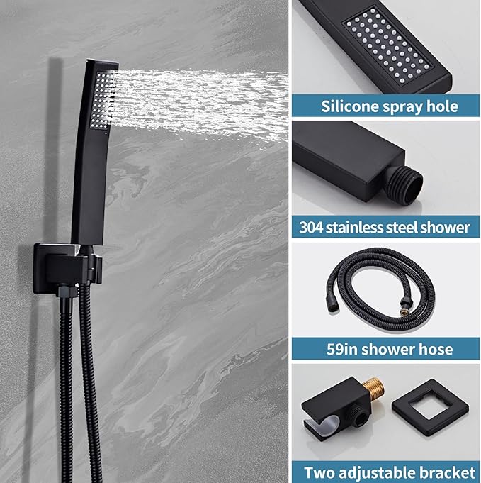 Shower Faucet Set, Black shower system with Square Rainfall Shower head, Handheld Wall Mounted Showerhead and Waterfall Tub Spout, 12 Inch, Metal Shower Faucet Trim Repair Kits