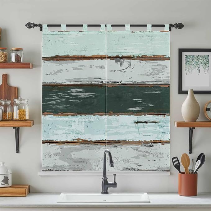 Blue Teal Bathroom Curtains 63 Inch Length, Window Curtains Tab Top, Vintage - Image 3