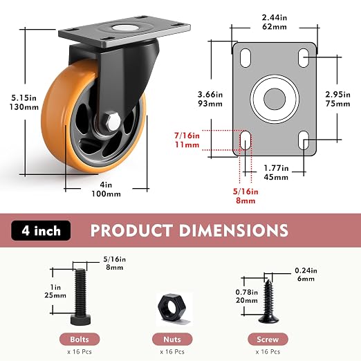 4 Inch Heavy Duty Caster Wheels, Industrial Casters Set of 4 Load 1600lbs - Image 2