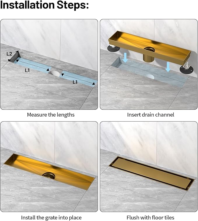 Linear Shower Drain, 304 Stainless Steel with Adjustable Leveling Feet, Hair Strainer,Reversely Install Place to Create an Invisible Floor Drain - Gold -48-Inch
