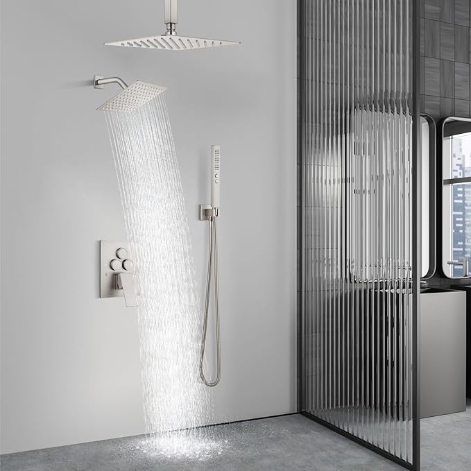 Aolemi Shower Faucet Set Ceiling Mount Shower System Rough-in Valve and Shower Trim Kit 10 and 6 Inch Dual Shower Head 2 in 1 Handheld Spray Push Button Diverter Brushed Nickel