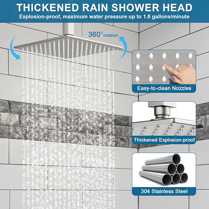 Shower Faucet Set Brushed Nickel Shower System, Ceiling Mount 12 Inch Shower Head With Wall Mount 6 Inch Shower Head and 2 in 1 Handheld Spray, Push Button Diverter Shower Valve Trim Kit