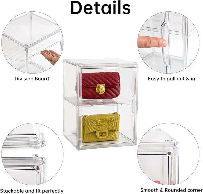X-Large 2 Tiers 14.2"X10.6"X8" Acrylic Display Case with 1 Division Board, Clear Organizer Box Plastic Holder with Magnetic Door for Loungefly Backpack, Handbags, Purses, Boots