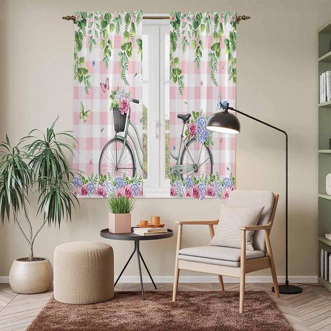 Spring Kitchen Curtains, Bicycles Leaves Butterfly Flowers Pink Buffalo Plaid - Image 7