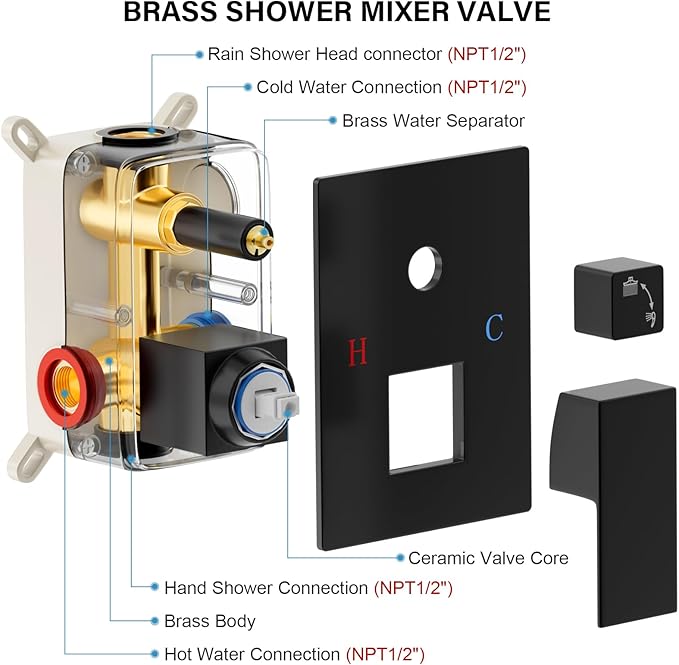 Black Shower Faucet Set, Rainfall Shower System with Square Shower Head and Handle Set, Wall Mounted Shower Fixtures, Full Metal Trim Repair Kit 8 inch Matte Black (With Shower Valve)