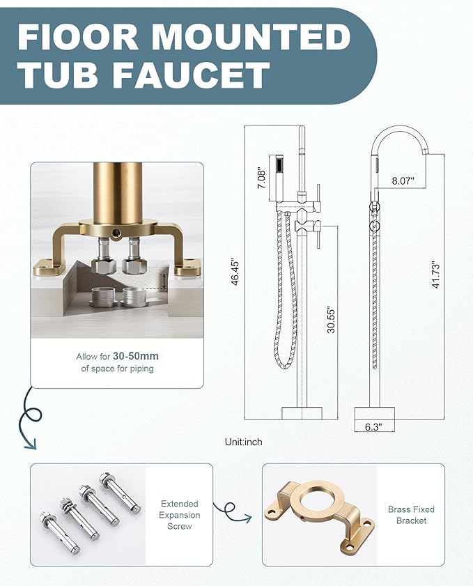 Freestanding Bathtub Faucet Brushed Gold, Floor Mount Tub Filler, High Flow Brass Shower Faucets with Handheld Sprayer for Bathroom