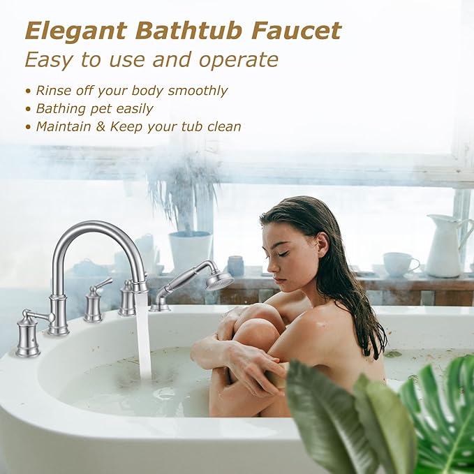 Roman Tub Faucet with Hand Shower, Antique Tub Shower Faucet Set with Valve for 5 Hole, Deck Mount Shower Tub Faucet Set，3 Handle Bath Tub Faucet High Flow, Brushed Nickel(B2309-BN)