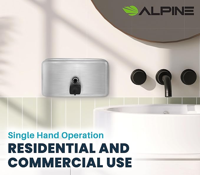 Alpine Commercial Wall-Mounted Soap Dispenser – Stainless Steel, Liquid, Manual Pump, ADA Compliant, 1200ml for High-Traffic Bathrooms (Horizontal)