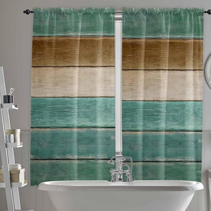 Vintage Plank Turquoise Brown Window Valance Curtains, Farmhouse Wood Grain by IDOWMAT