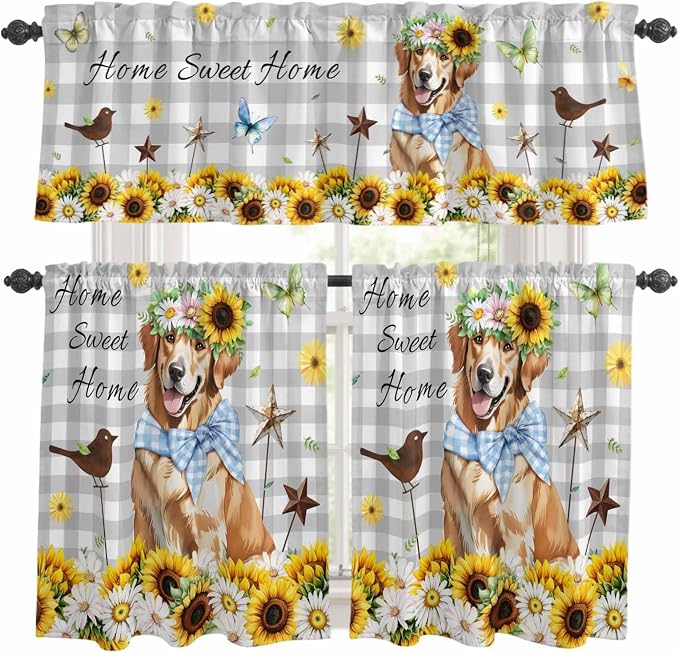 Kitchen Curtains Tiers and Valance Set of 3, Sunflowers Dog Light Filtering by Anzona