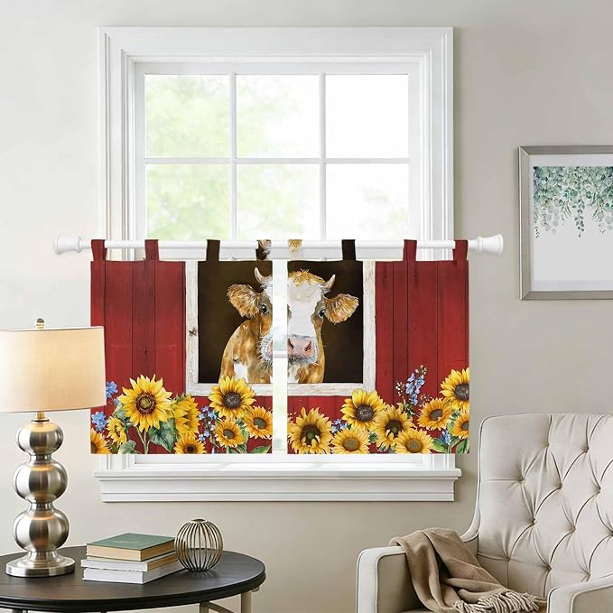 Cows Sunflowers Kitchen Curtains 24 Inch Length, Small Window Curtains Tab Top - Image 2