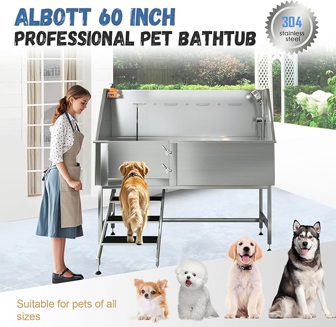 Albott 60 Inch Stainless Steel Dog Washing Station, Professional Pet Bathtub with Stairs, 3-Speed Adjustable Showerhead, Removable Grates, and Easy-Clean Design, XL for Large Dogs (Left Door).