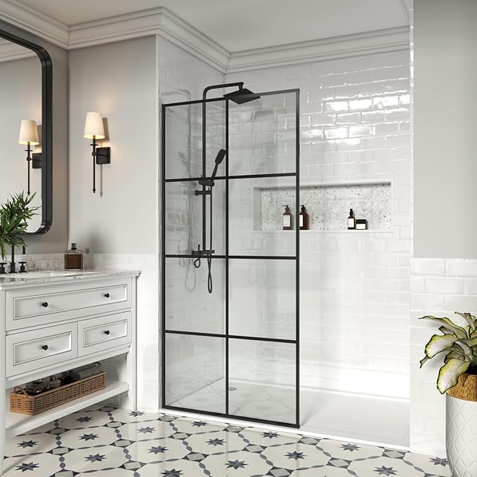 34" W x 72" H Shower Screen, Glass Shower Panel for Walk-in Shower, Fixed Shower Door with 3/8” (10mm) SGCC Tempered Glass, Matte Black