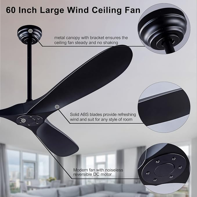 QUTWOB 60" Ceiling Fan with Remote Control No Lights, Modern Reversible DC - Image 7