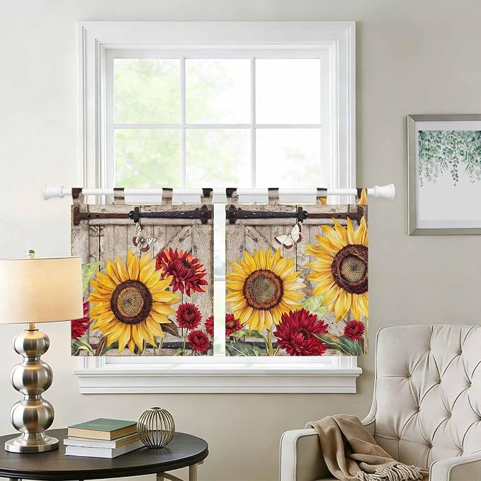 Sunflowers Kitchen Curtains 36 Inch Length, Small Window Curtains Tab Top - Image 2