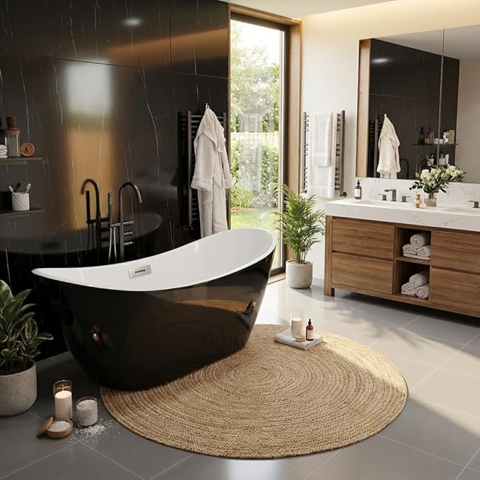 59 Inch Acrylic Freestanding Bathtub, Acrylic Soaking Bathtub with Matte Drain and Overflow, Modern Square Tub, cUPC Certified, Deep Ergonomic Design, Double-Walled Insulation, Easy Installation