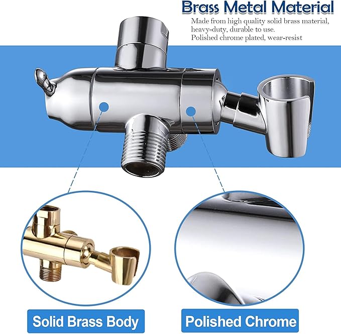 Shower Arm Diverter with Handshower Mount, G1/2 Brass Shower Diverter Valve Bathroom Universal Shower System Replacement for Handheld Shower and Fixed Shower Head(Polished Chrome)