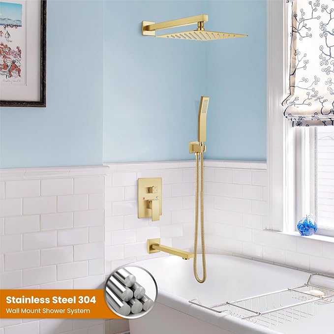 gotonovo Shower System with Tub Spout Wall Mounted Rain Shower Head and Handle Combo Shower Faucet Set with Valve, 12 Inch, Brushed Gold