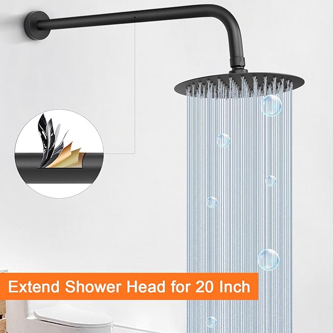 HarJue Shower Arm with Flange and Teflon Tape, Wall Mounted Shower Pipe 304 Stainless Steel Extension Arm for Fixed Shower Head & Handheld (15 Inch, Matte Black)
