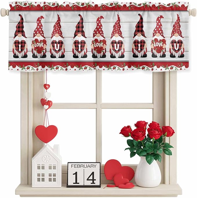 I Love U Valance Curtains for Kitchen, Valentine's Day Dwarf Romantic Wood by LaBLUUX