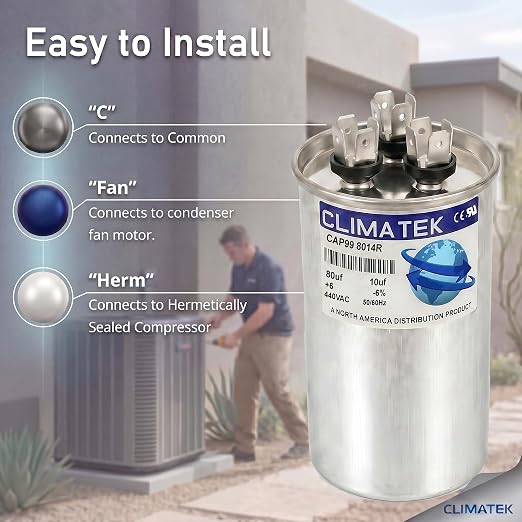ClimaTek 80 + 10 MFD 370/440 Volt Dual Run Round Capacitor CAP99-8014R | 80/10 - Image 3