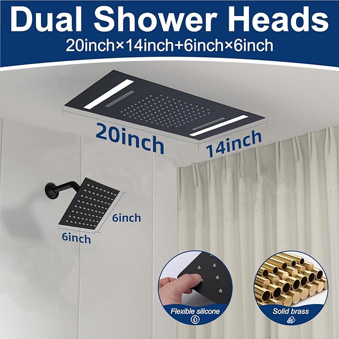 Dual Rain Shower Head Thermostatic Luxury Spa Shower System And Ceiling Mount 14x20 Inch LED 4 Functions with 6 Inch Wall Head Shower Faucet Set,Matte Black
