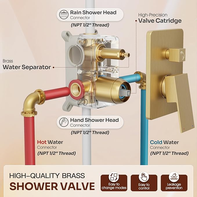 Ceiling Mount Shower System, Gold Shower Faucet Set with 12-Inch Rain Showerhead and Handheld Spray Combo, High-Pressure Showerheads Set with Valve and Trim Kit, Brushed Gold