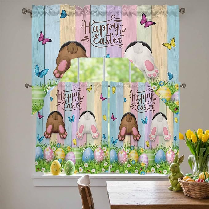 Swag Valance Curtains, Happy Easter Rabbit Butt Egg on Daisy Leaf Rod Pocket - Image 2