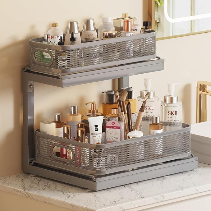 1-Pack Under Sink Storage Organizer with 2-Tier Slide Out Drawer, Sophisticated Mesh Pull Out Shelf for Kitchen & Bathroom, Fits Small Items, Upgraded Arched Track for Smooth Gliding-Gun Gray