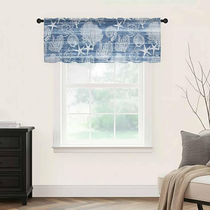 Navy Blue Retro Summer Sheer Valance Curtains, Sea Turtle Starfish Coral Ocean - Image 5