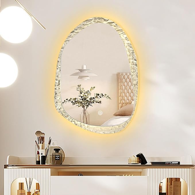 Irregular Bathroom Mirror with LED Light, Lighted Bathroom Makeup Wall Mounted - Image 2