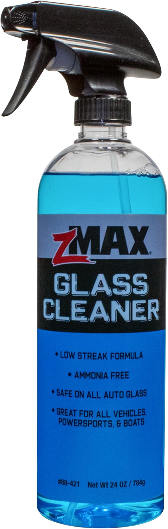 zMAX Glass Cleaner, 24 oz - Safe on All Auto Glass, Chrome Finishes, Mirrors, Windows, and Windshield - Streak-Free, Non-Abrasive, & Ammonia Free Window Cleaner for All Vehicles, Powersports, & Boats