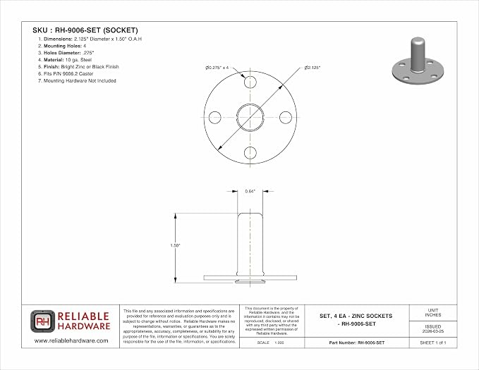 Reliable Hardware Company RH-9006-SET-A Plug Caster Set - Image 5