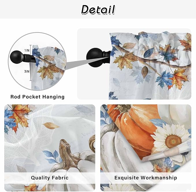 Fall Blue Maple Kitchen Curtains 45 Inch Long 2 Panel Set, Rod Pocket Window - Image 9