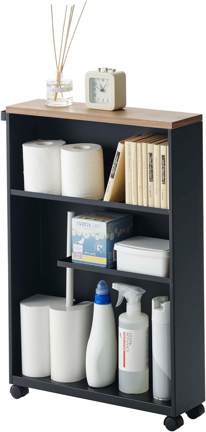YAMAZAKI Home Slim Rolling Storage Cart – Narrow Bathroom Storage Cabinet with Handle, Slim Bathroom Storage Cart with Wheels, Easy Assembly, Steel + Wood, Black, 27" - Steel -
