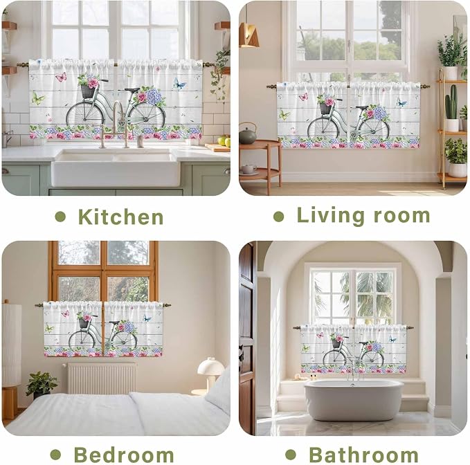 Spring Tier Curtains, Bicycles Botanical Rose Leaves Butterfly Wood Grain Light - Image 8