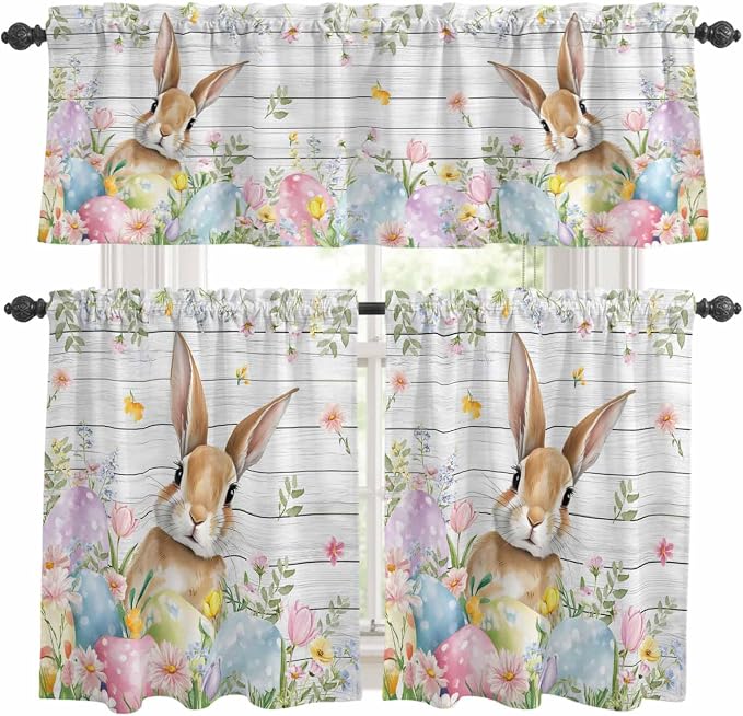 Kitchen Curtains Tiers and Valance Set of 3, Easter Light Filtering Window by Anzona