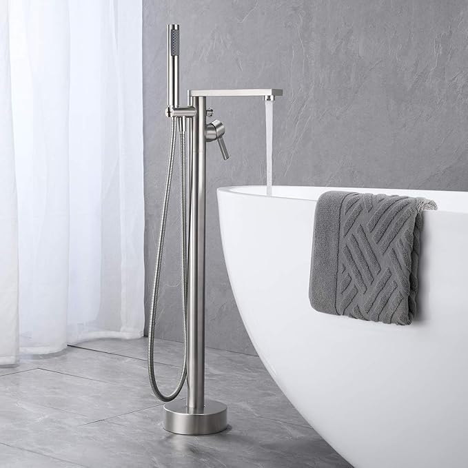 Freestanding Bathtub Faucet Tub Filler Brushed Nickel Floor Mount Brass Single Handle Bathroom Faucets with Hand Shower