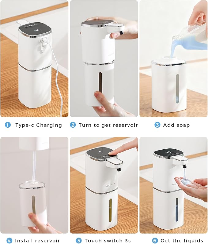Automatic Liquid Soap Dispenser, 12.8oz Rechargeable, Adjustable Liquid Levels, IPX5 Waterproof, Touchless & Wall/Tabletop Use for Kitchen Bathroom, White