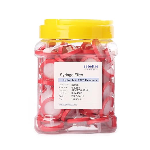 100 Pack Syringe Filter PTFE Lab Filters 0.22μm Pore Size 33mm Diameter by COBETTER