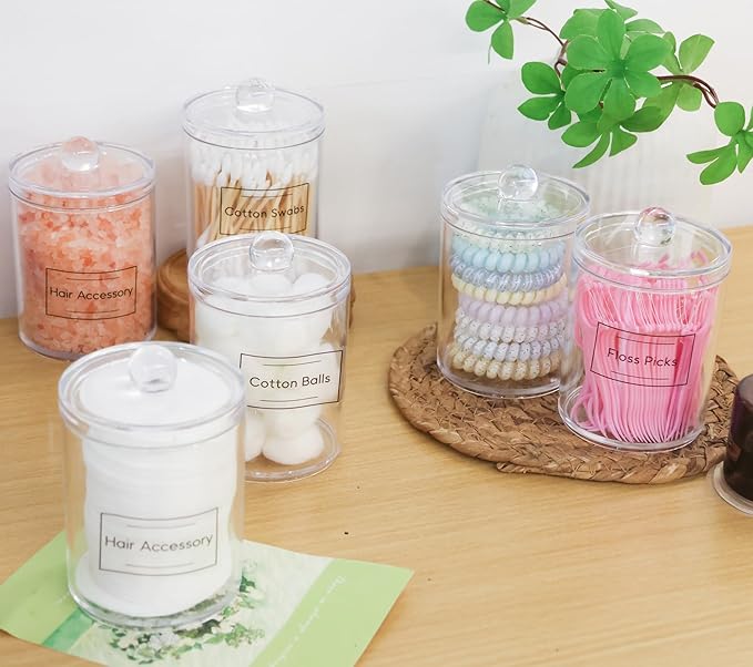 2 Pack Qtip Holder Dispenser,Bathroom Canisters Apothecary Jar Set, Acrylic Vanity Makeup Storage Organizer Set,10 and 12 oz