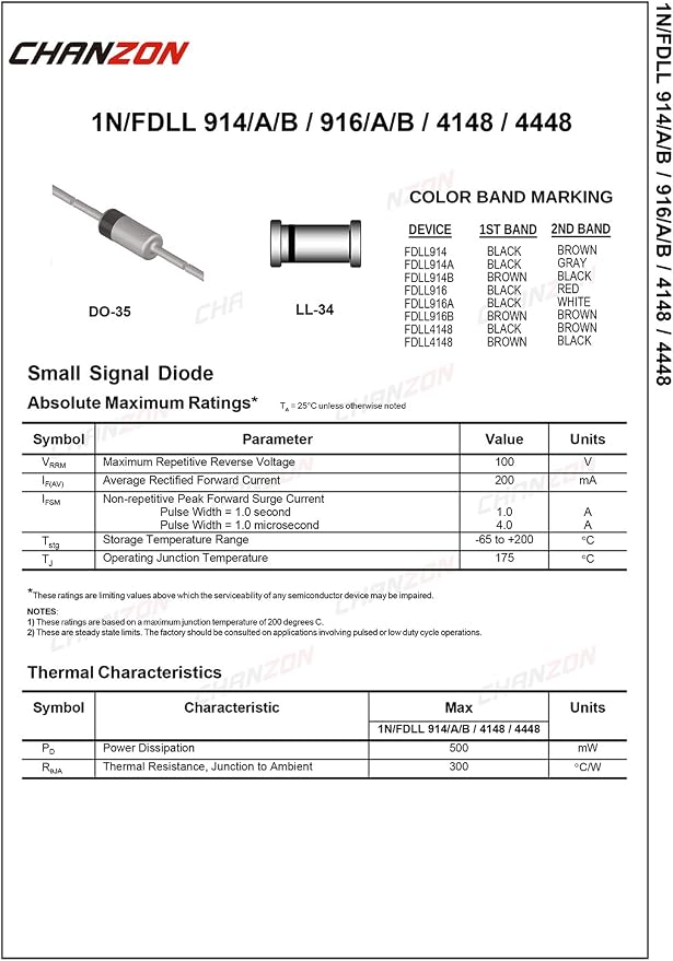 Chanzon 1N914 Small Signal Fast Switching Diodes High-Speed Axial 200mA 100V - Image 2