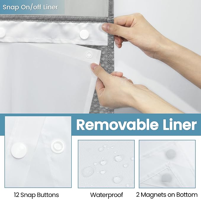 Long No Hook Shower Curtain with Snap in Liner,230GSM Waffle Weave Shower Curtains for Bathroom,71W x 77H(75"),Grey