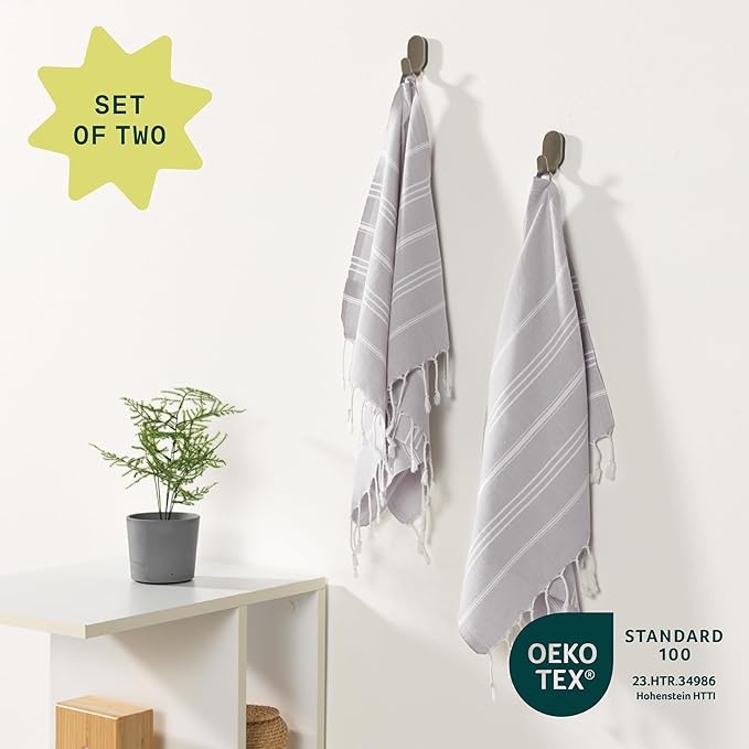 WETCAT Turkish Hand Towels with Hanging Loop, Set of 2 (20" x 30") 100% Turkish Cotton, Pre-Washed, Quick Drying, for Kitchen or Bathroom - Light Grey